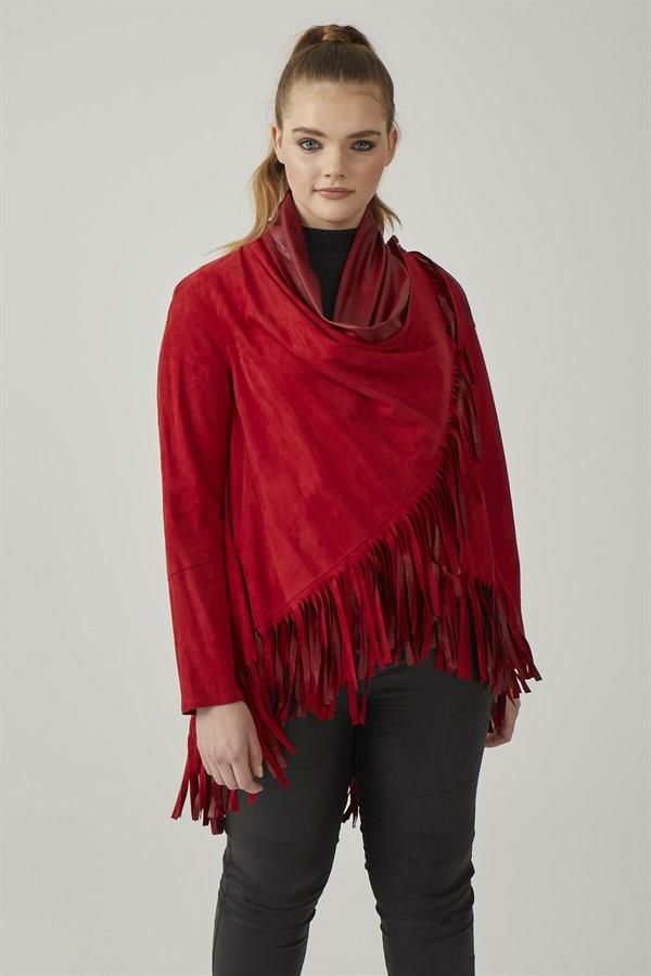 Red Reversible Tassel Woman Genuine Suede Leather Poncho