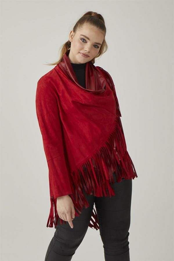 Red Reversible Tassel Woman Genuine Suede Leather Poncho