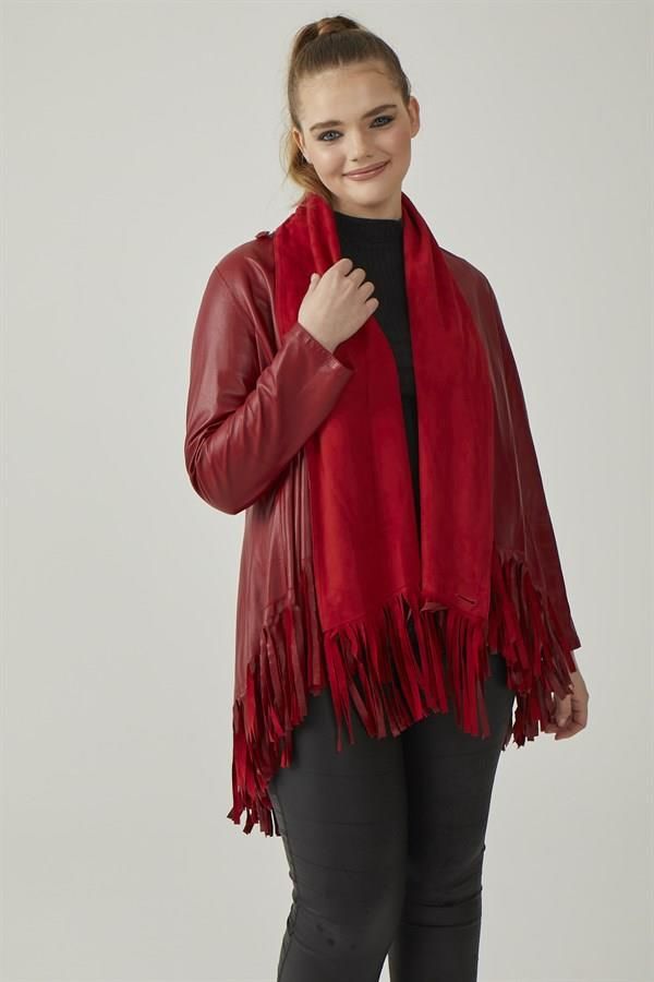 Red Reversible Tassel Woman Genuine Suede Leather Poncho