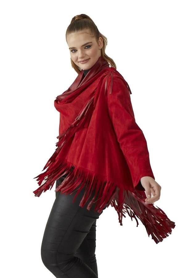 Red Reversible Tassel Woman Genuine Suede Leather Poncho