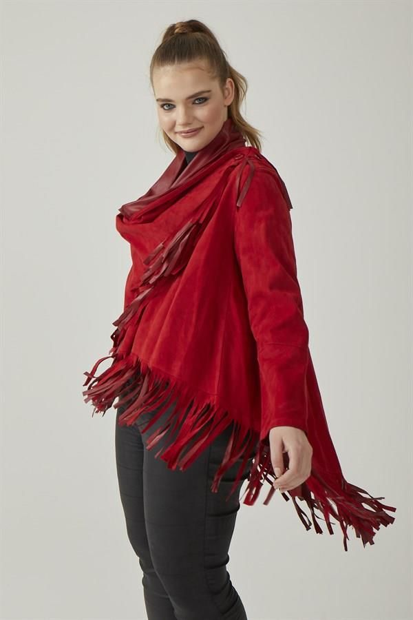 Red Reversible Tassel Woman Genuine Suede Leather Poncho