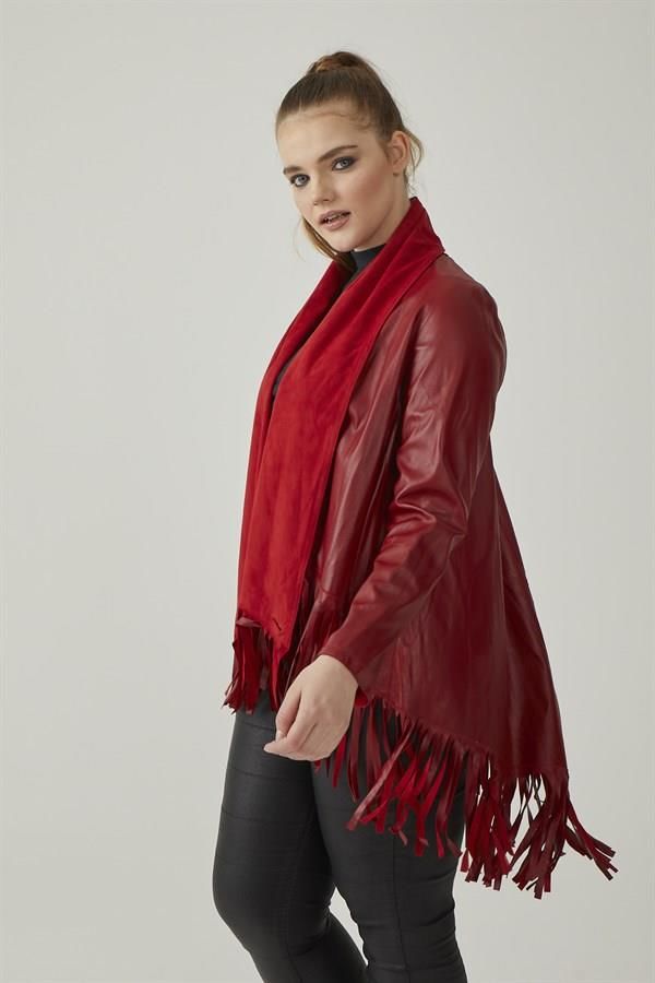 Red Reversible Tassel Woman Genuine Suede Leather Poncho