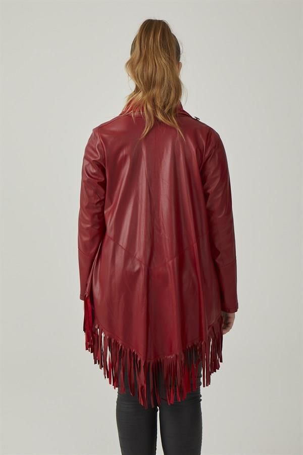 Red Reversible Tassel Woman Genuine Suede Leather Poncho