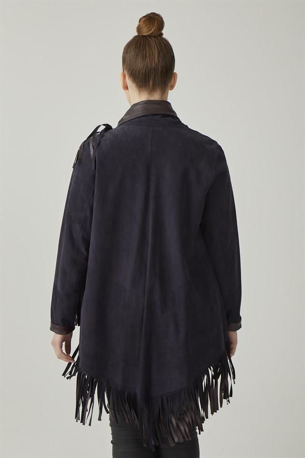 Navy Blue Reversible Tassel Woman Genuine Suede Leather Poncho