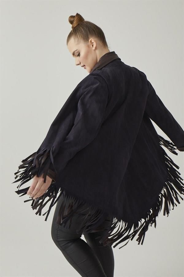 Navy Blue Reversible Tassel Woman Genuine Suede Leather Poncho