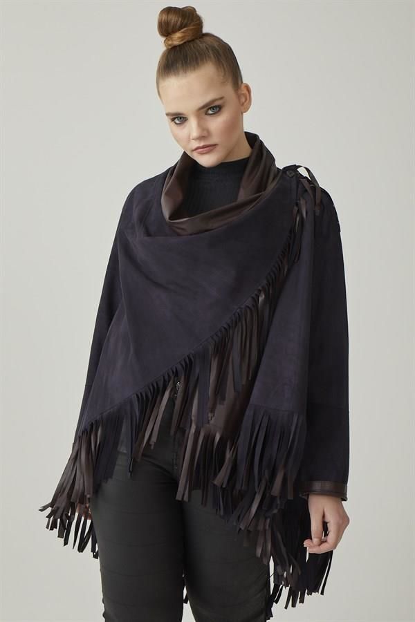 Navy Blue Reversible Tassel Woman Genuine Suede Leather Poncho
