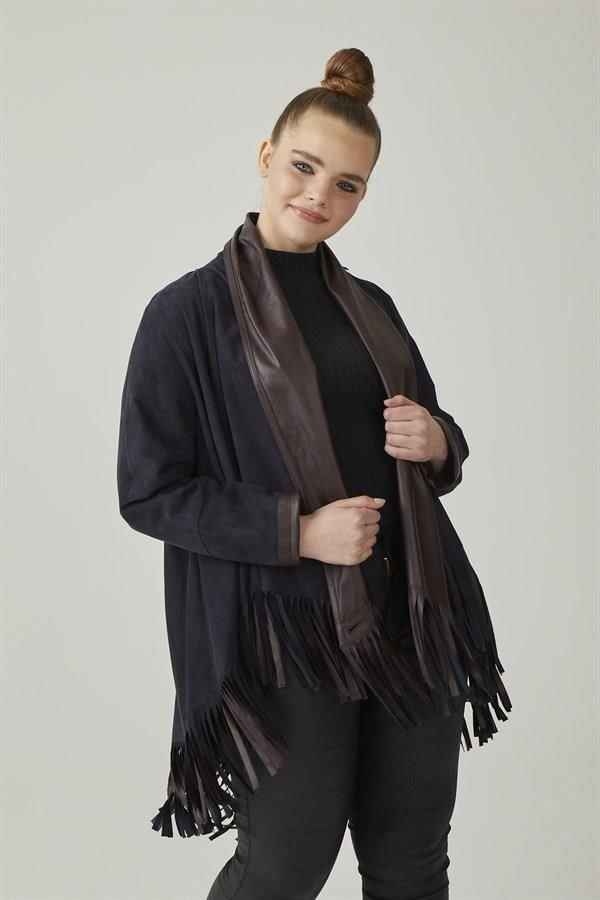 Navy Blue Reversible Tassel Woman Genuine Suede Leather Poncho