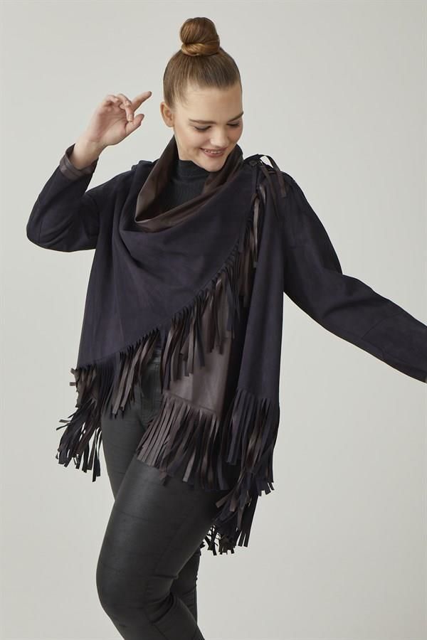 Navy Blue Reversible Tassel Woman Genuine Suede Leather Poncho