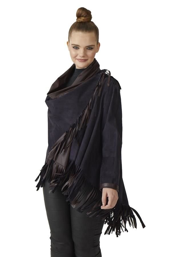 Navy Blue Reversible Tassel Woman Genuine Suede Leather Poncho