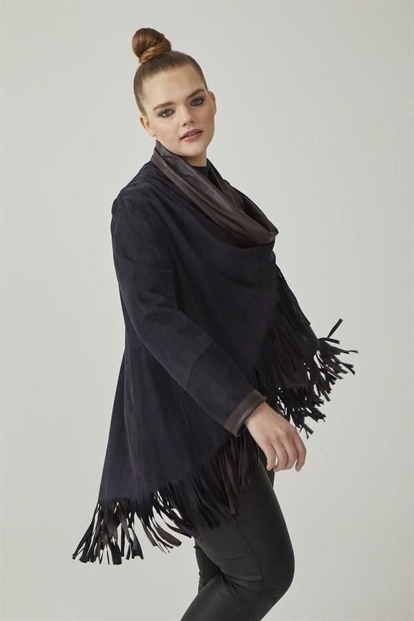 Navy Blue Reversible Tassel Woman Genuine Suede Leather Poncho