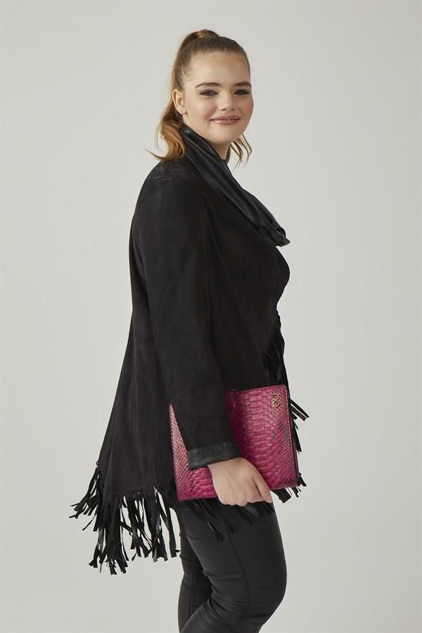 Black Reversible Tassel Woman Genuine Suede Leather Poncho