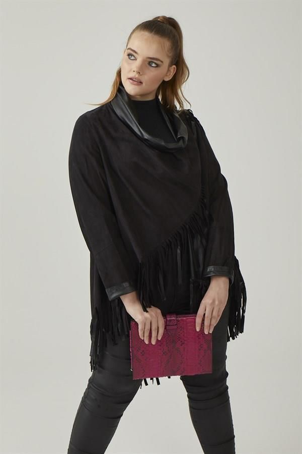 Black Reversible Tassel Woman Genuine Suede Leather Poncho