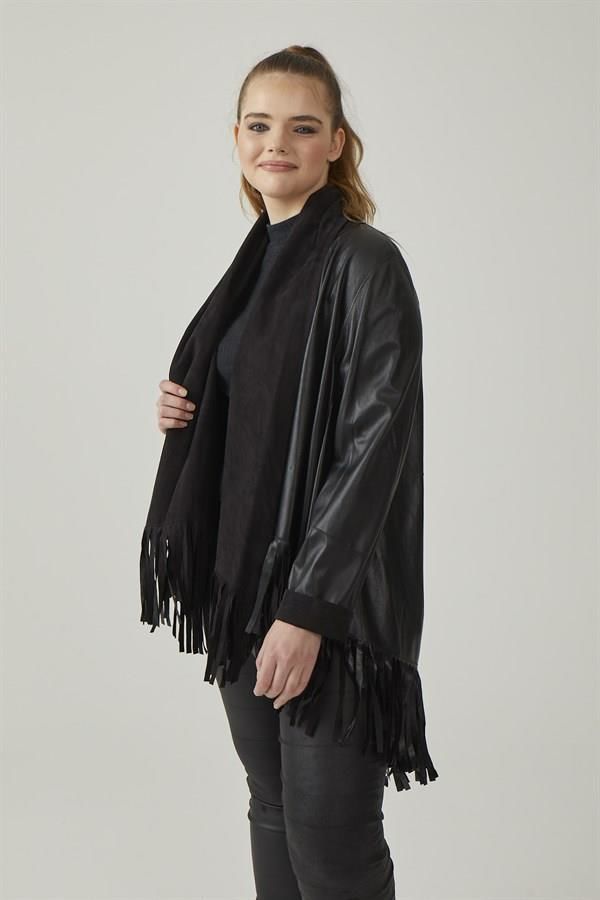 Black Reversible Tassel Woman Genuine Suede Leather Poncho