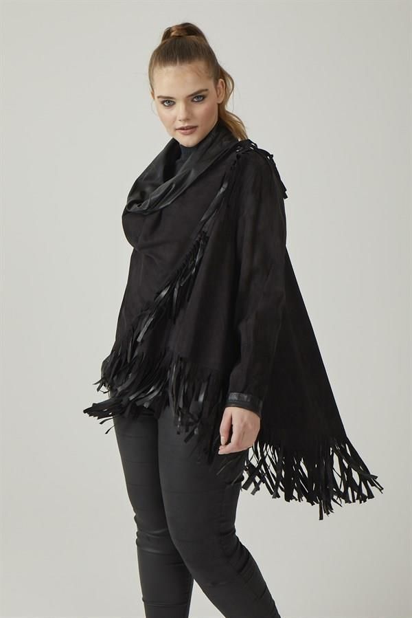 Black Reversible Tassel Woman Genuine Suede Leather Poncho