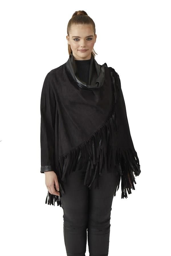 Black Reversible Tassel Woman Genuine Suede Leather Poncho