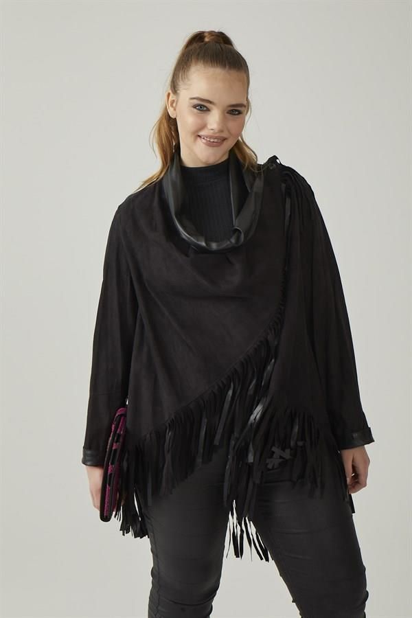 Black Reversible Tassel Woman Genuine Suede Leather Poncho