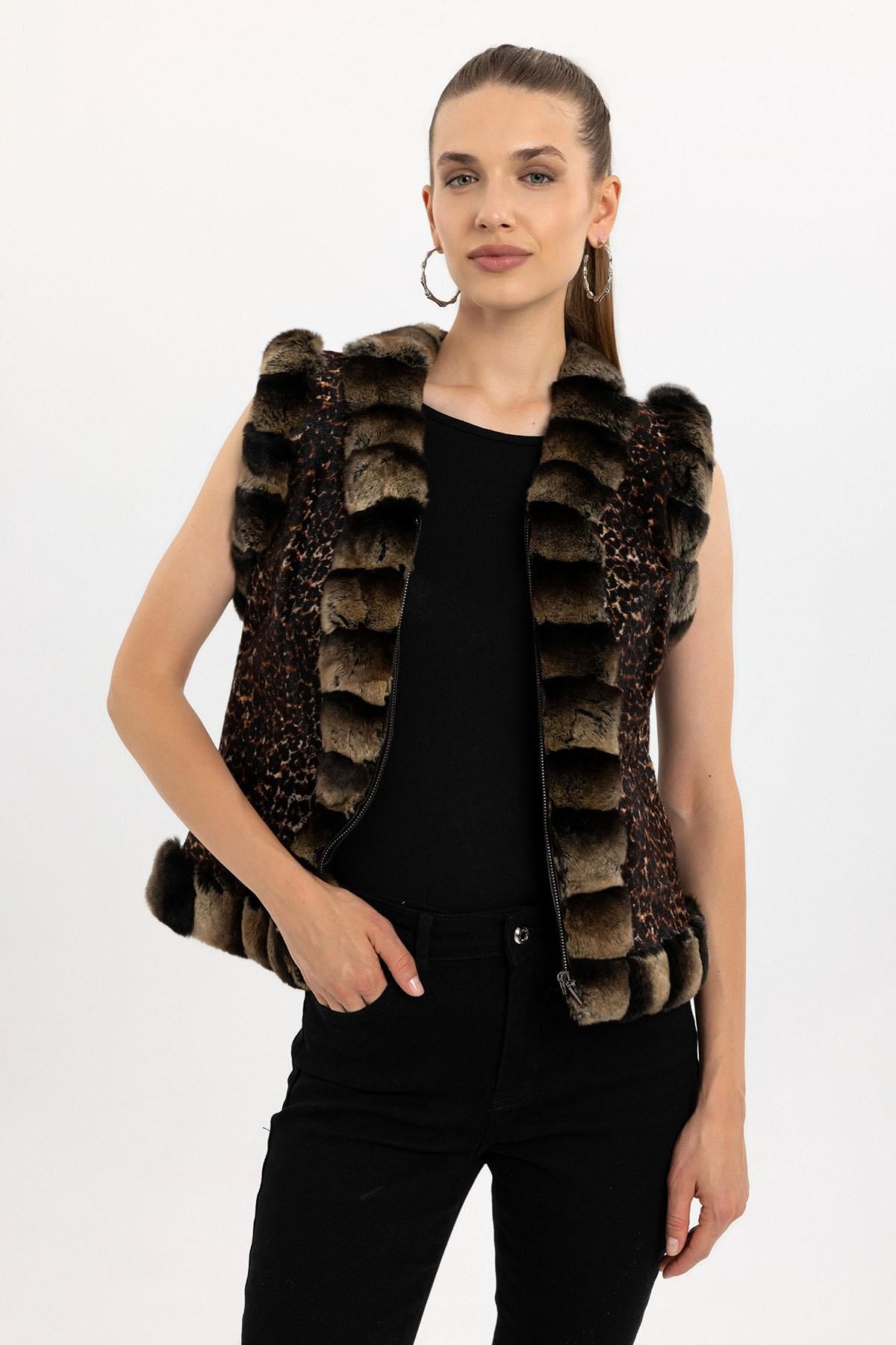 Brown Woman Leopard Genuine Shearling Vest