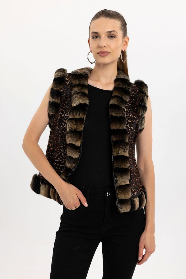 Brown Woman Leopard Genuine Shearling Vest