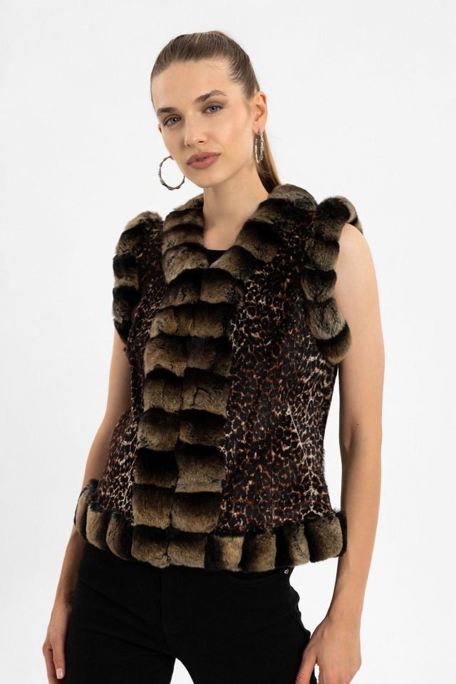 Brown Woman Leopard Genuine Shearling Vest