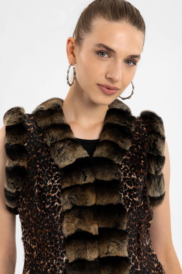 Brown Woman Leopard Genuine Shearling Vest