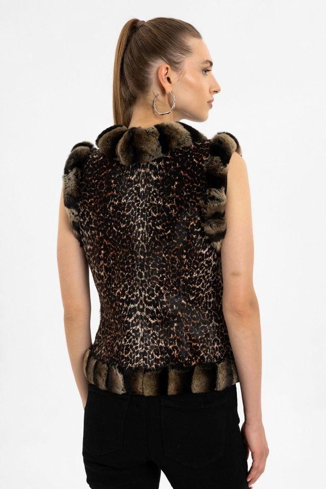 Brown Woman Leopard Genuine Shearling Vest