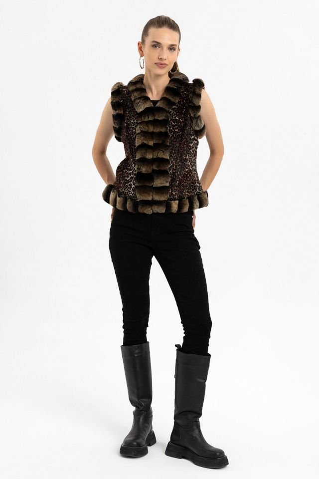 Brown Woman Leopard Genuine Shearling Vest
