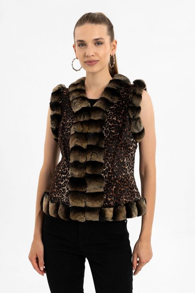 Brown Woman Leopard Genuine Shearling Vest