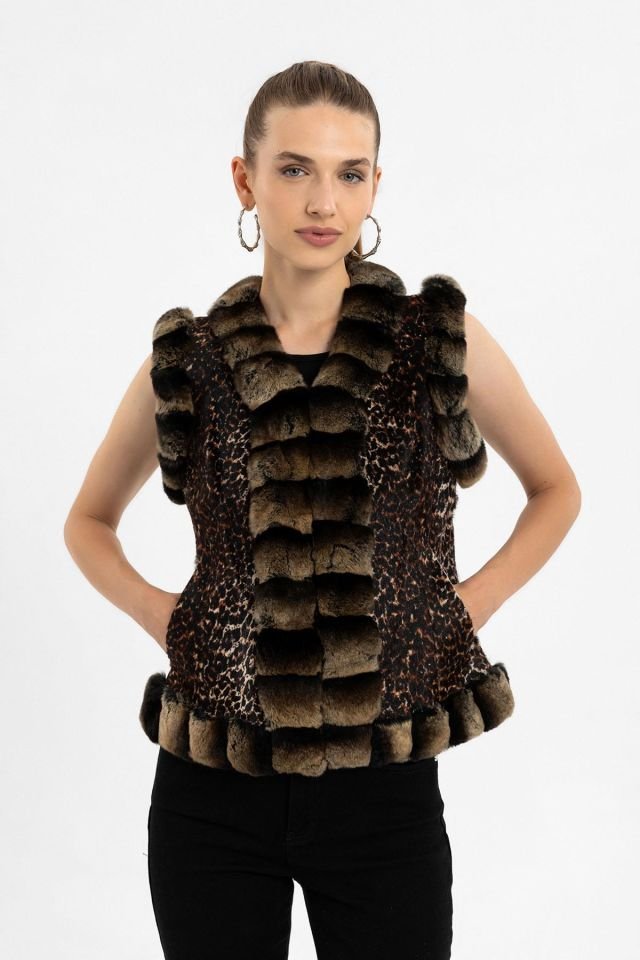 Brown Woman Leopard Genuine Shearling Vest