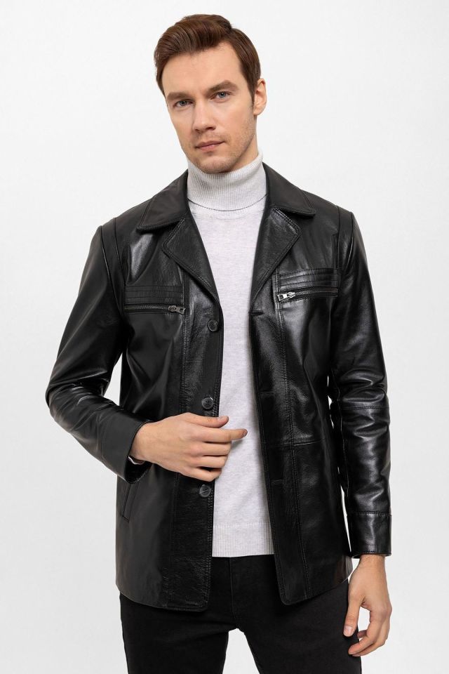 Black Douglas Men Leather Coat Black - 50