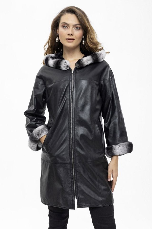 Black Hillary Wide Cut Inside Fabric Reversible Hood and Cuff Fur Woman Genuine Leather Coat