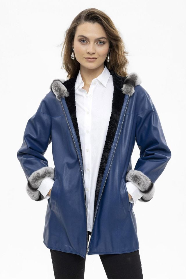 Blue Perla Reversible Woman  Genuine Leather Medium Length Coat