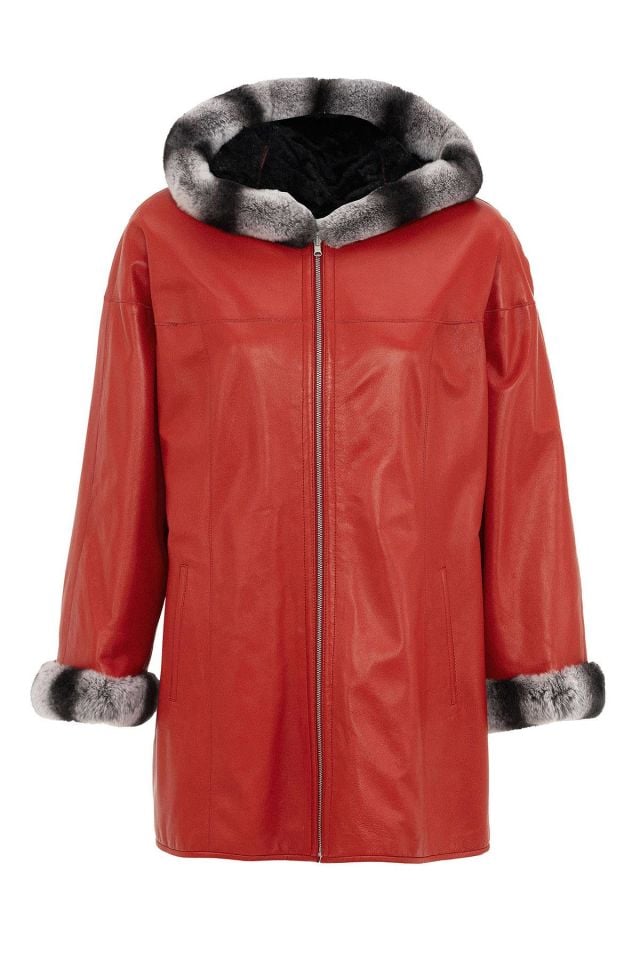 Red Perla Reversible Woman  Genuine Leather Medium Length Coat