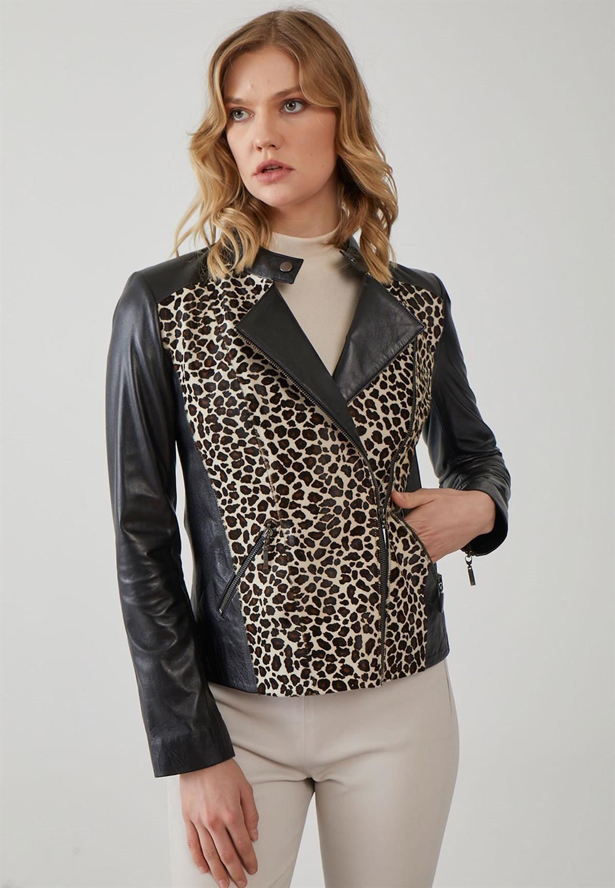 Black Leopard Woman Genuine Leather Biker Jacket