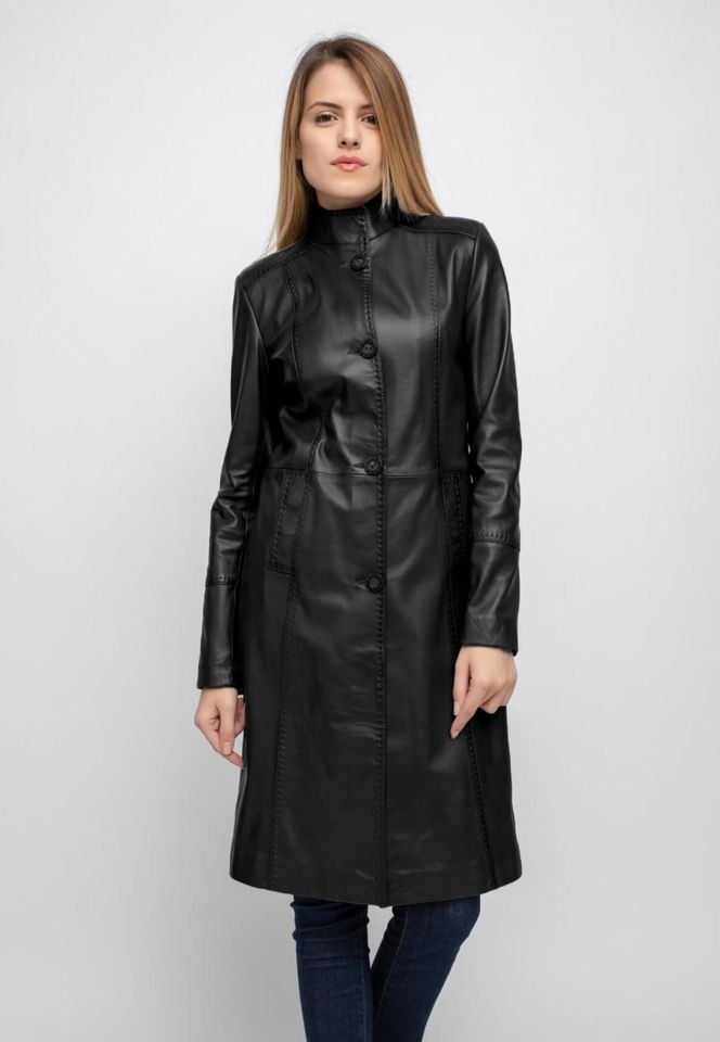 Black Laura Fit Cut  Genuine Leather Woman Long Coat