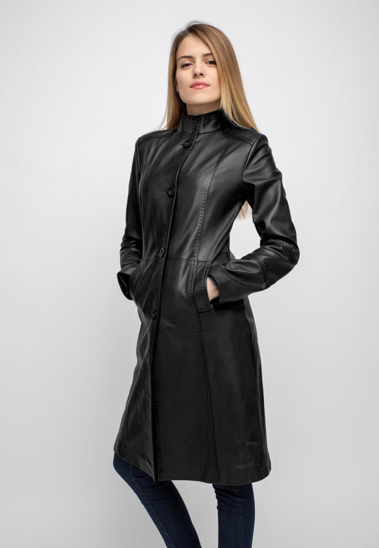 Black Laura Fit Cut  Genuine Leather Woman Long Coat