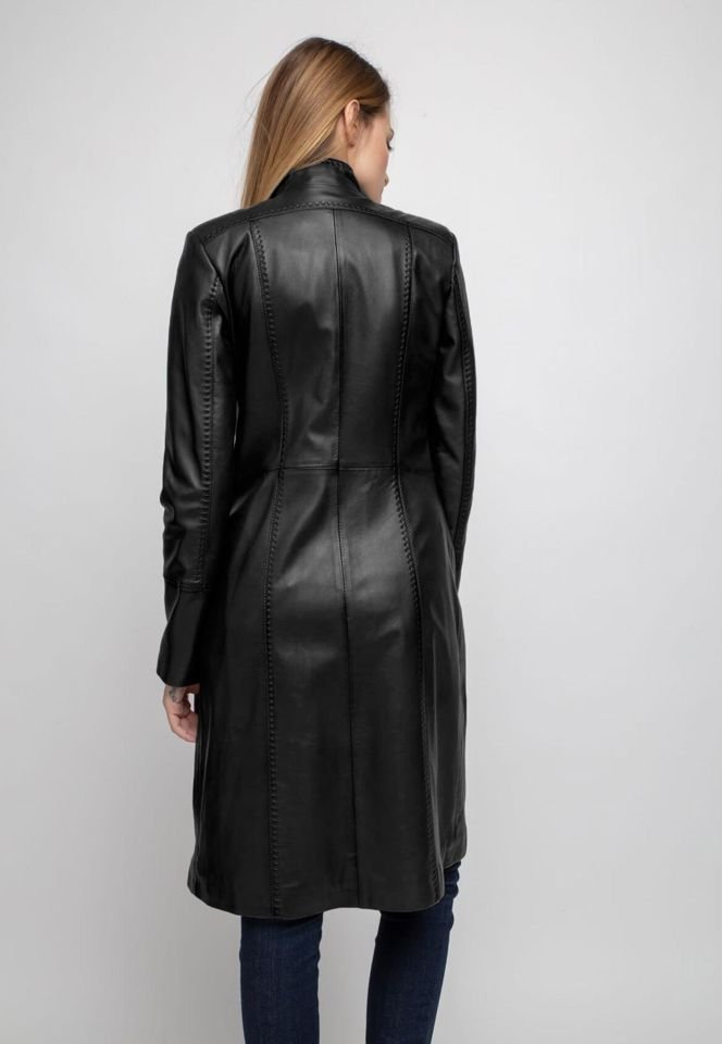 Black Laura Fit Cut  Genuine Leather Woman Long Coat