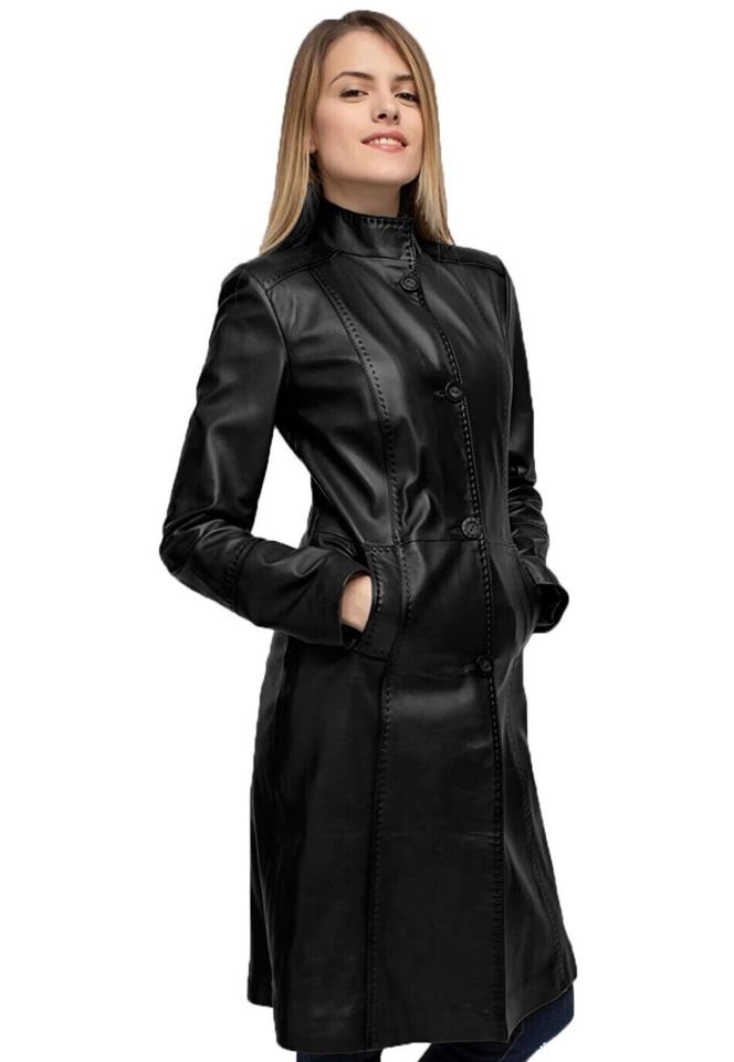 Black Laura Fit Cut  Genuine Leather Woman Long Coat