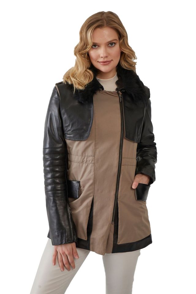 Black Georgina Woman Fabric Leather Coat