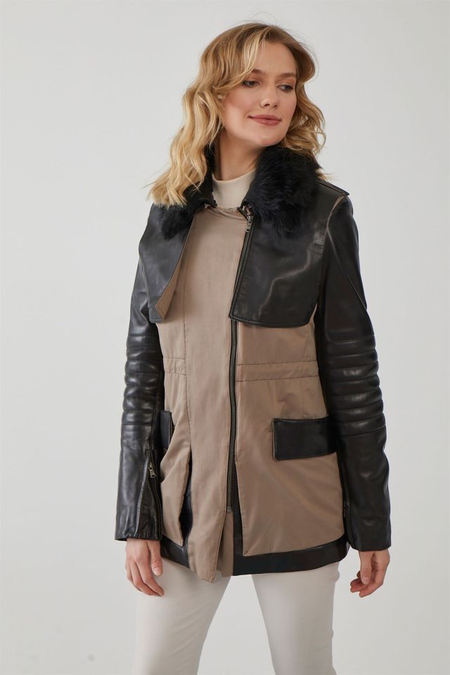 Black Georgina Woman Fabric Leather Coat