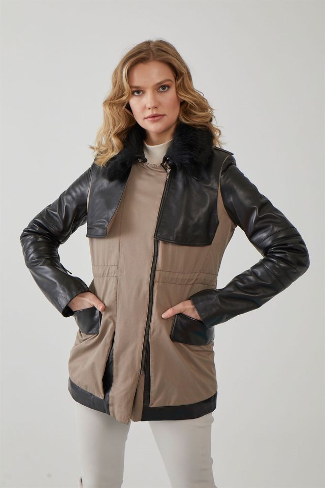 Black Georgina Woman Fabric Leather Coat