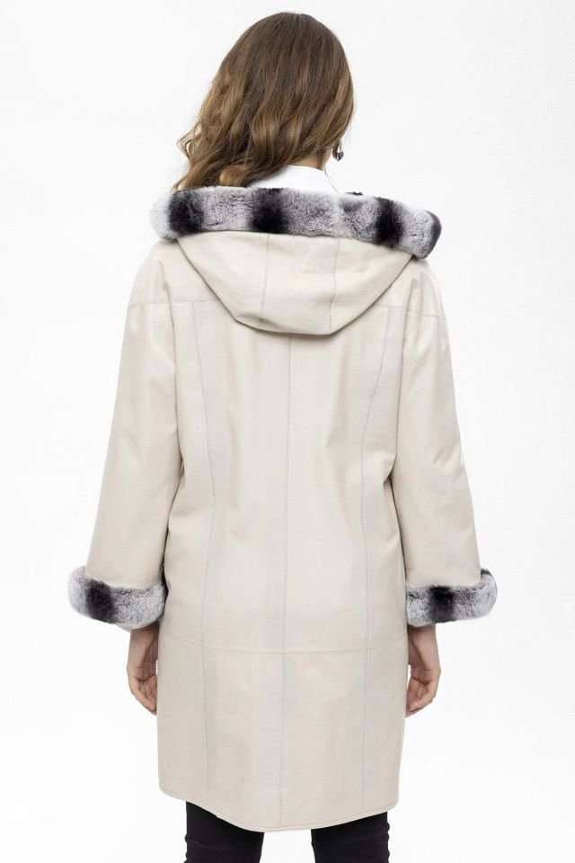 Beige Hillary Wide Cut Inside Fabric Reversible Hood and Cuff Fur Woman Genuine Leather Coat