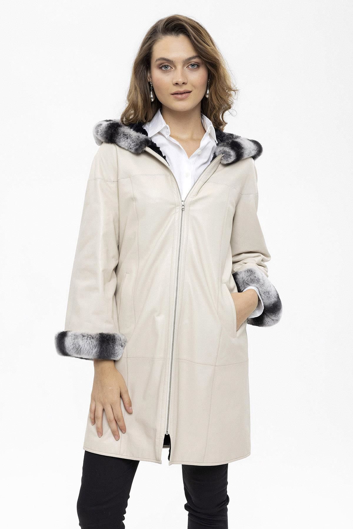 Beige Hillary Wide Cut Inside Fabric Reversible Hood and Cuff Fur Woman Genuine Leather Coat