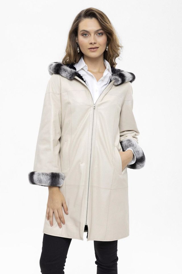 Beige Hillary Wide Cut Inside Fabric Reversible Hood and Cuff Fur Woman Genuine Leather Coat