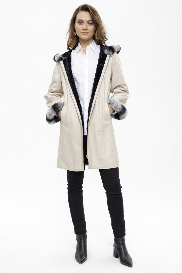 Beige Hillary Wide Cut Inside Fabric Reversible Hood and Cuff Fur Woman Genuine Leather Coat