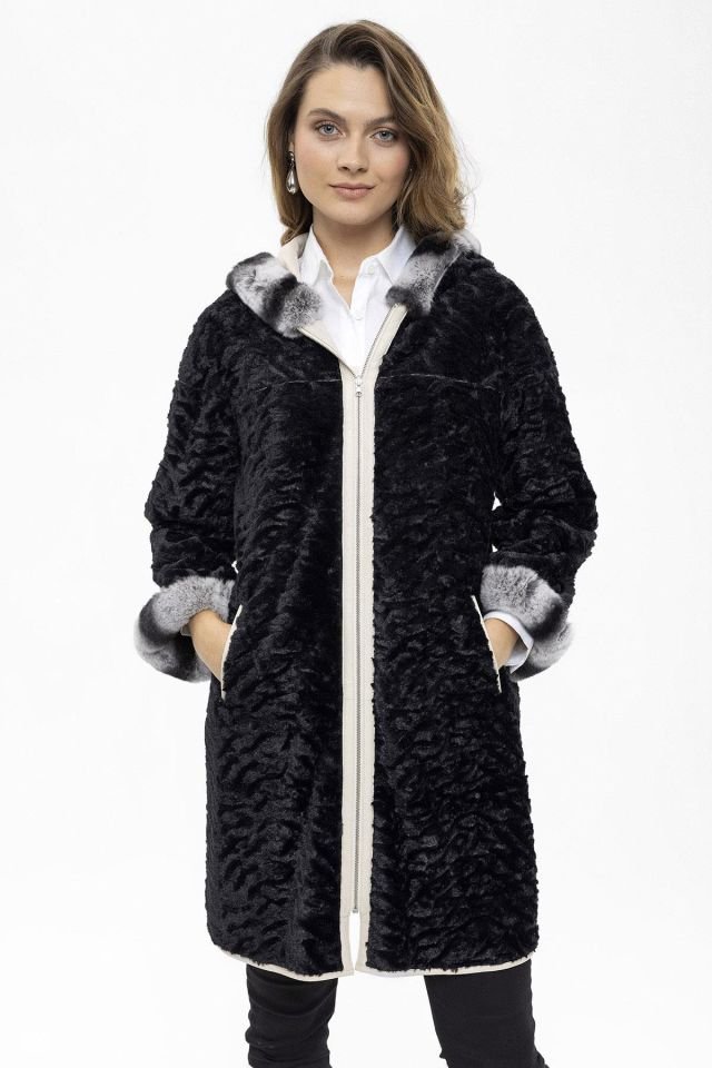Beige Hillary Wide Cut Inside Fabric Reversible Hood and Cuff Fur Woman Genuine Leather Coat