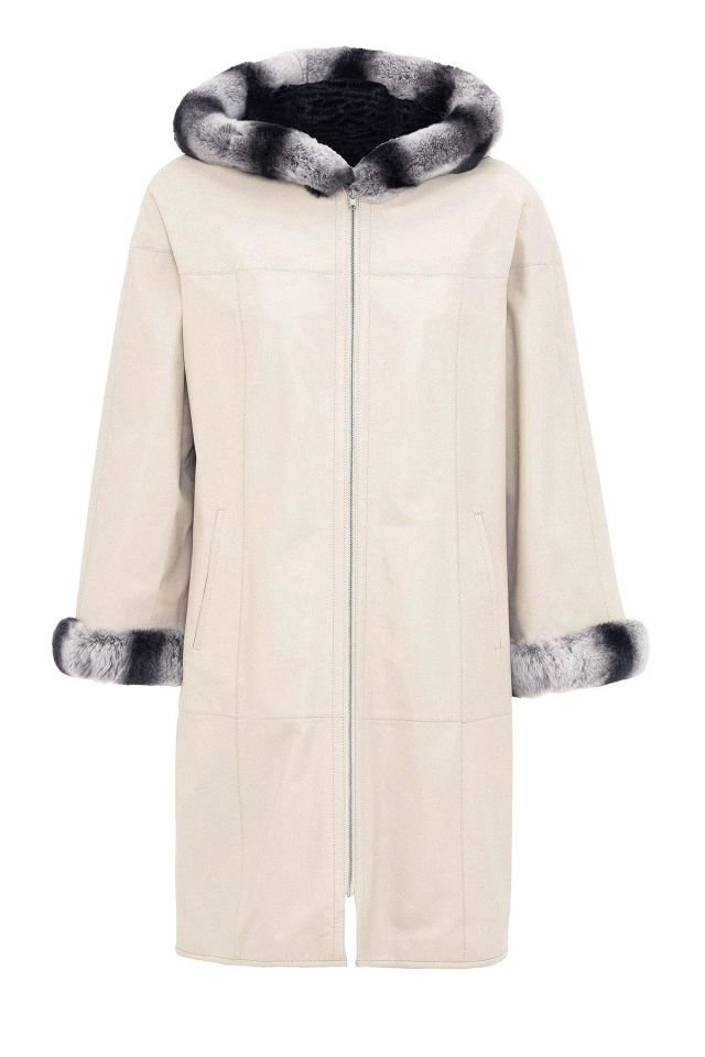 Beige Hillary Wide Cut Inside Fabric Reversible Hood and Cuff Fur Woman Genuine Leather Coat