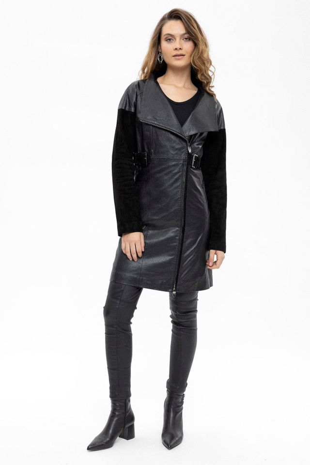 Black Valencia Woman Genuine Leather Coat