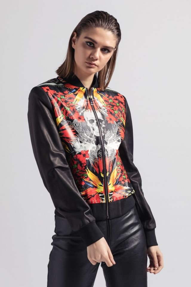 Red Skull Printed Woman Genuine Leather Jacket