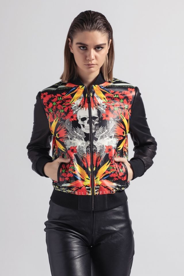 Red Skull Printed Woman Genuine Leather Jacket