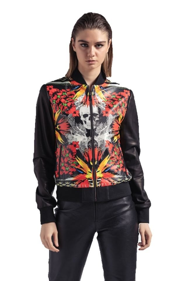 Red Skull Printed Woman Genuine Leather Jacket